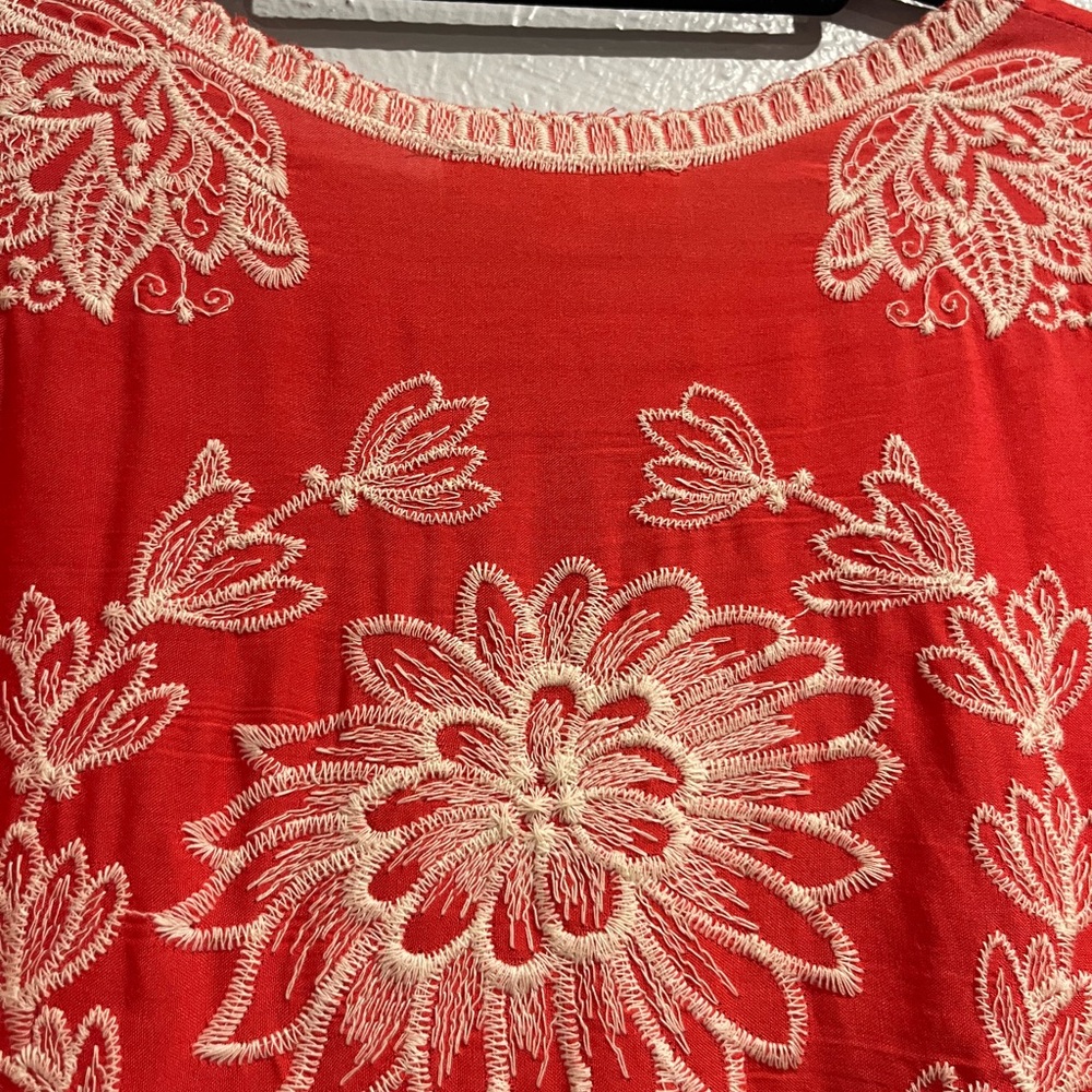 Solitaire Embroidered Bright orange Top Size L Scalloped Boxy Boho. - Picture 6 of 10